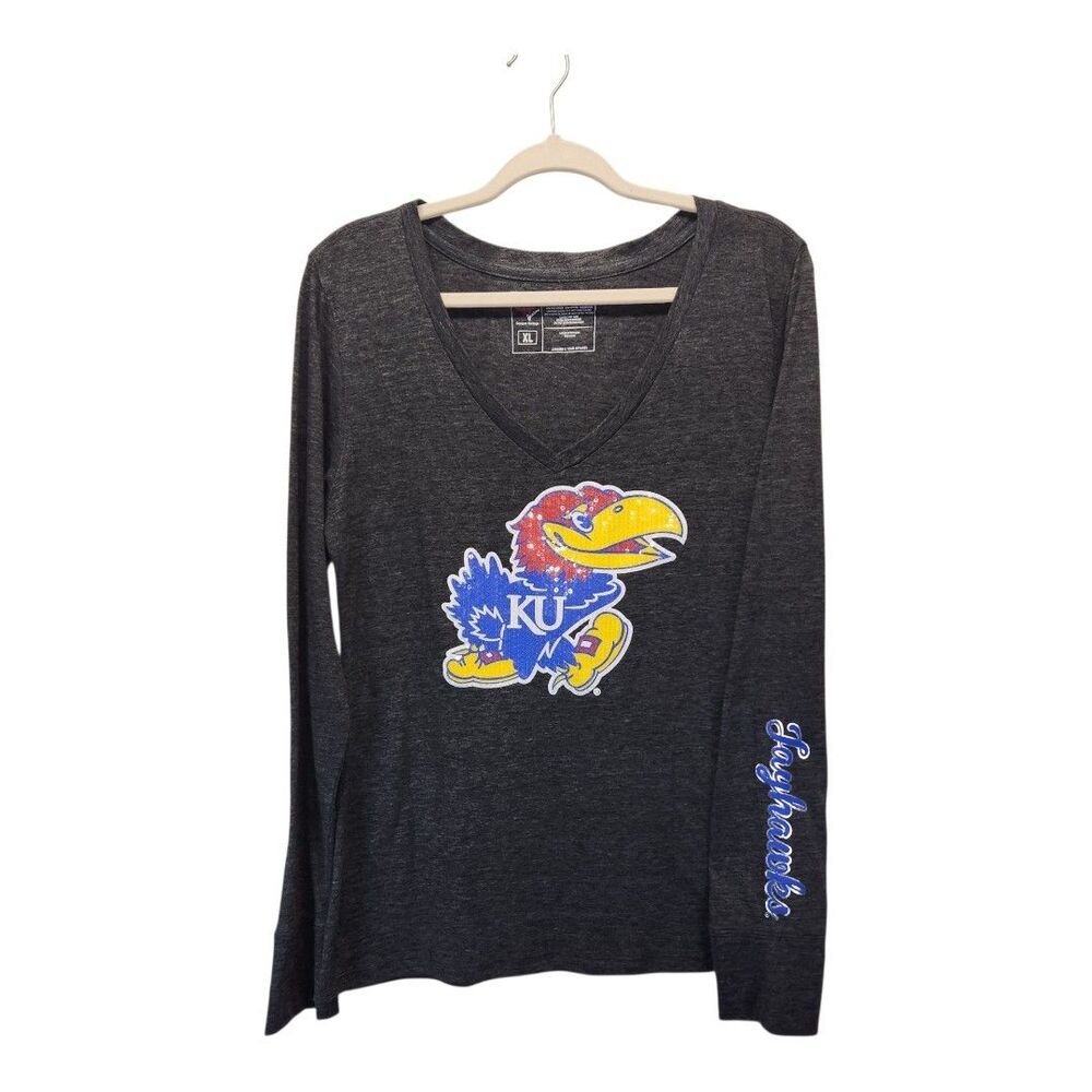 KU Jayhawks Sequin Bling Fitted L/S V-Neck T-shirt Juniors XL Kansas University
